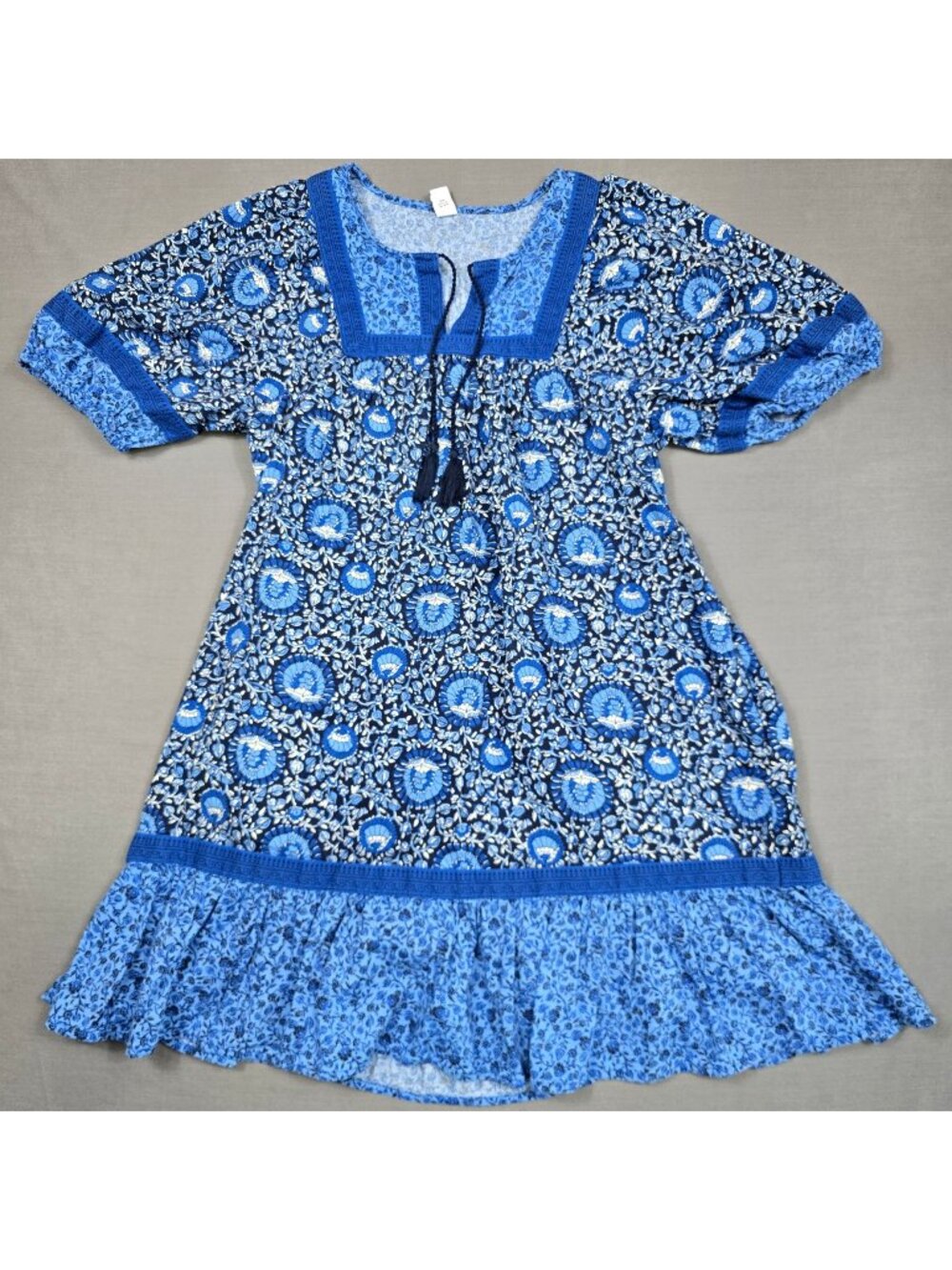 Old Navy Small Blue Floral Boho Peasant Dress Tassel Ruffle Hem